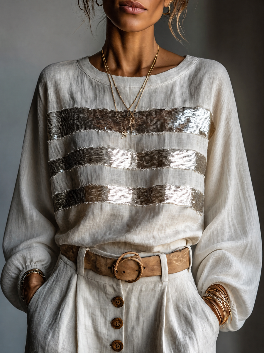 Marjorie | Sequin-Stripe Long-Sleeve Top