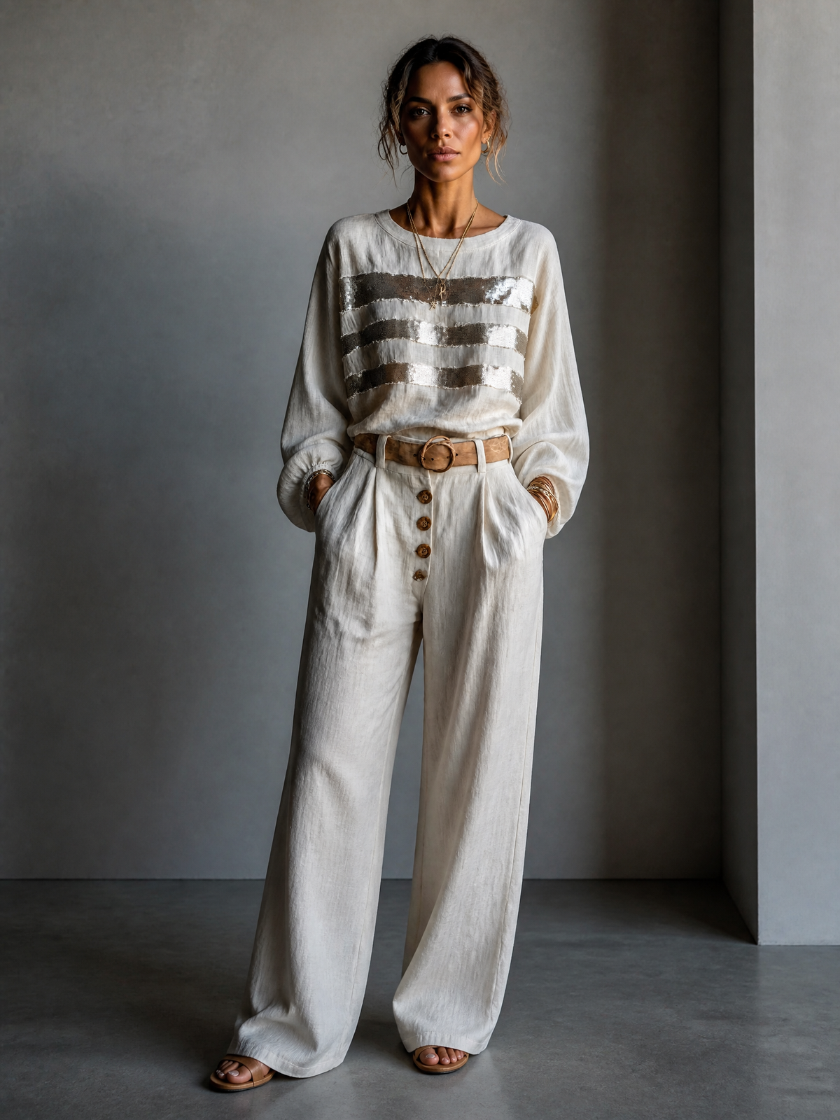 Marjorie | Sequin-Stripe Long-Sleeve Top